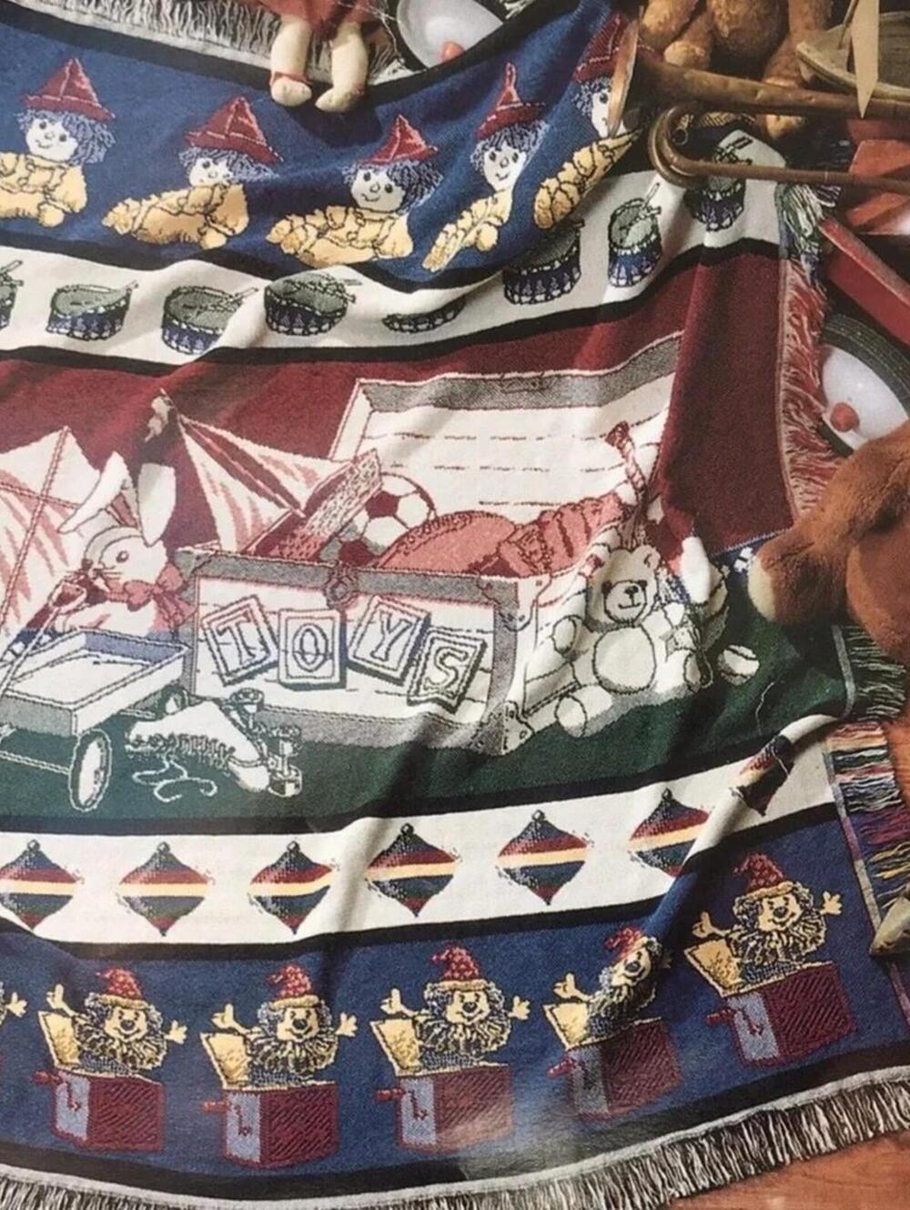 Crown Crafts Toy Box Woven Cotton Afghan Throw Blanket Made in USA 48x60 Vintage